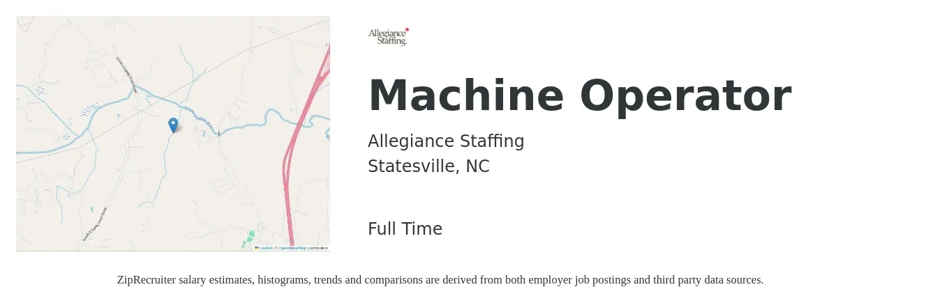 Allegiance Staffing job posting for a Machine Operator in Statesville, NC with a salary of $16 to $19 Hourly with a map of Statesville location.