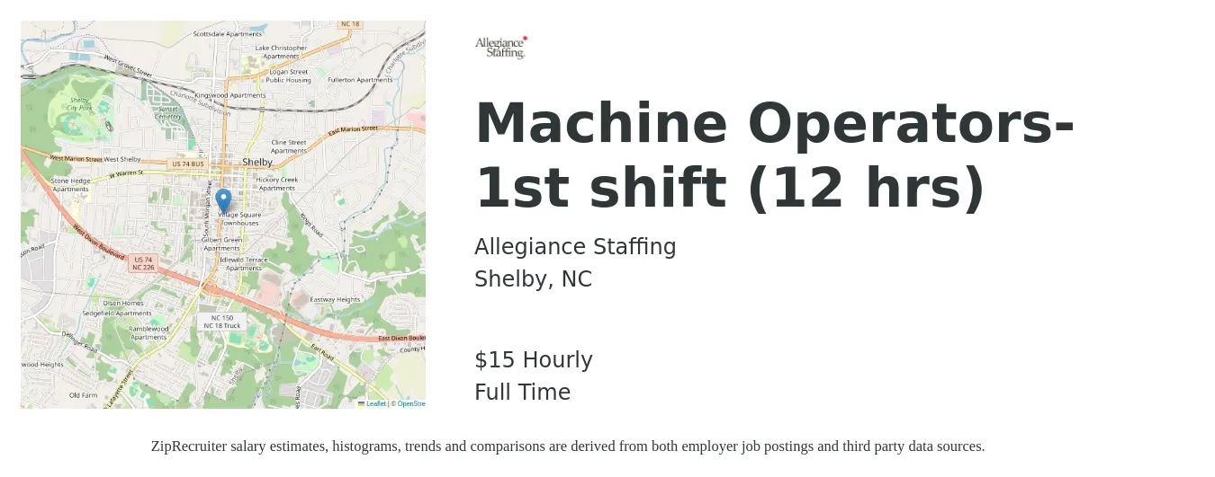 Allegiance Staffing job posting for a Machine Operators- 1st shift (12 hrs) in Shelby, NC with a salary of $16 Hourly with a map of Shelby location.
