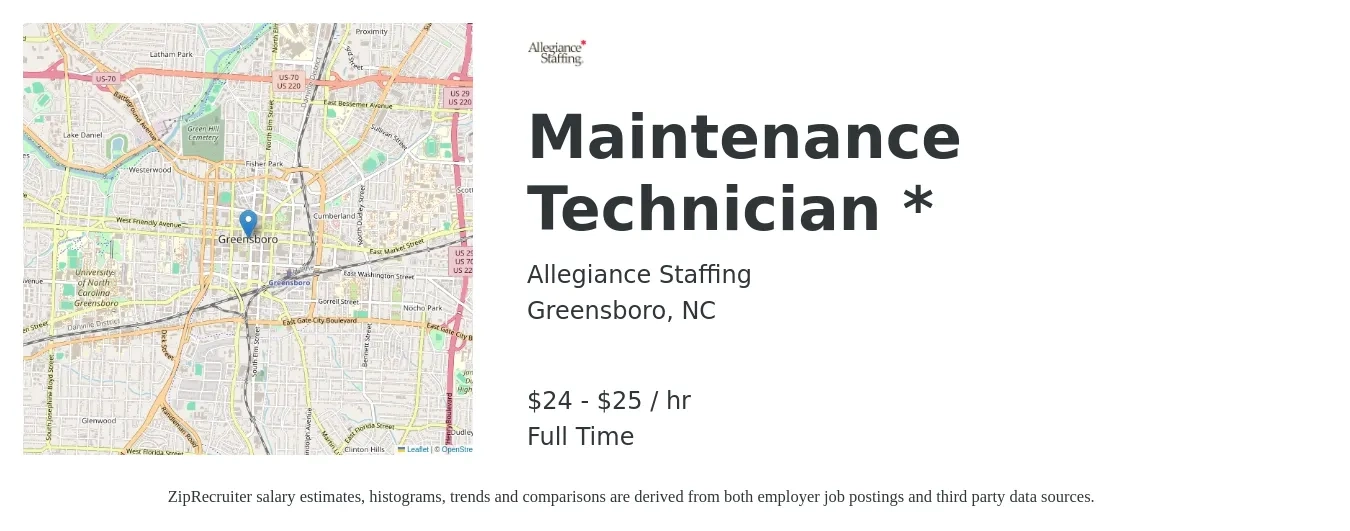 Allegiance Staffing job posting for a Maintenance Technician * in Greensboro, NC with a salary of $25 to $27 Hourly with a map of Greensboro location.