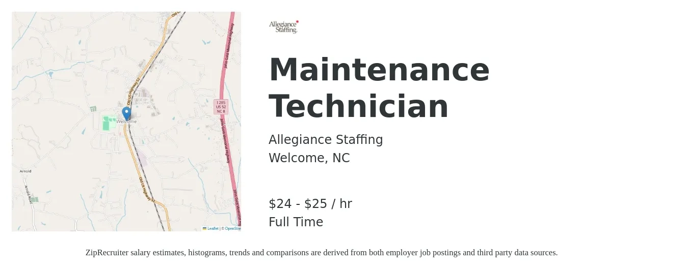 Allegiance Staffing job posting for a Maintenance Technician in Welcome, NC with a salary of $25 to $27 Hourly with a map of Welcome location.