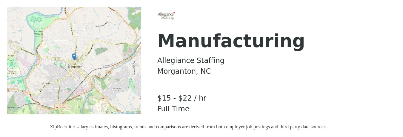 Allegiance Staffing job posting for a Manufacturing in Morganton, NC with a salary of $16 to $23 Hourly with a map of Morganton location.
