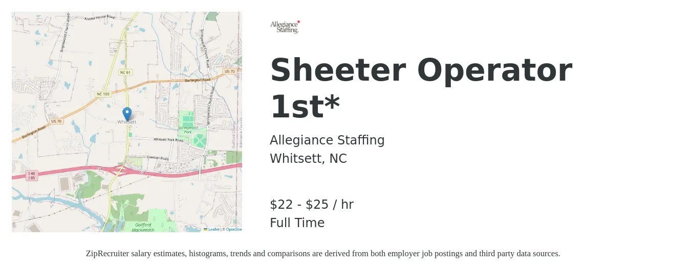 Allegiance Staffing job posting for a Sheeter Operator 1st * in Whitsett, NC with a salary of $23 to $27 Hourly with a map of Whitsett location.