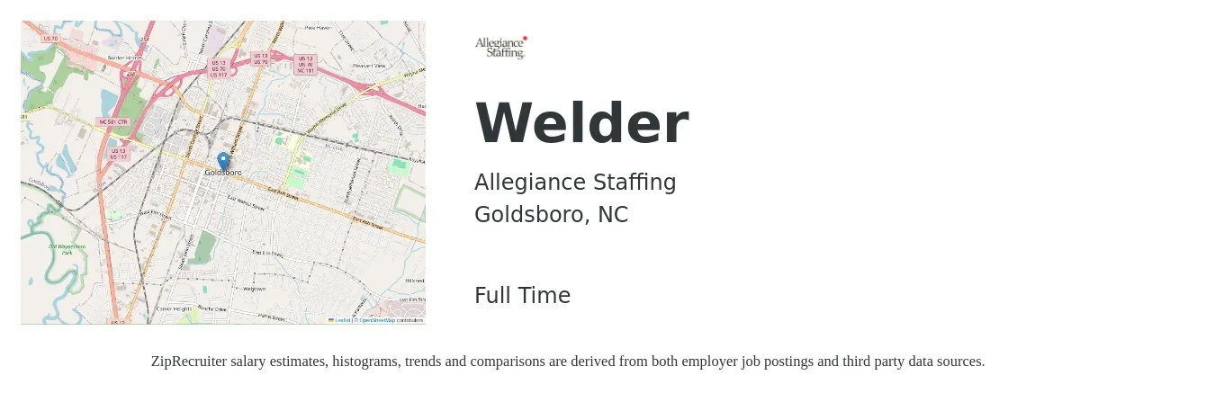 Allegiance Staffing job posting for a Welder in Goldsboro, NC with a salary of $18 to $23 Hourly with a map of Goldsboro location.