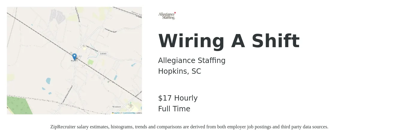 Allegiance Staffing job posting for a Wiring A Shift in Hopkins, SC with a salary of $18 to $20 Hourly with a map of Hopkins location.