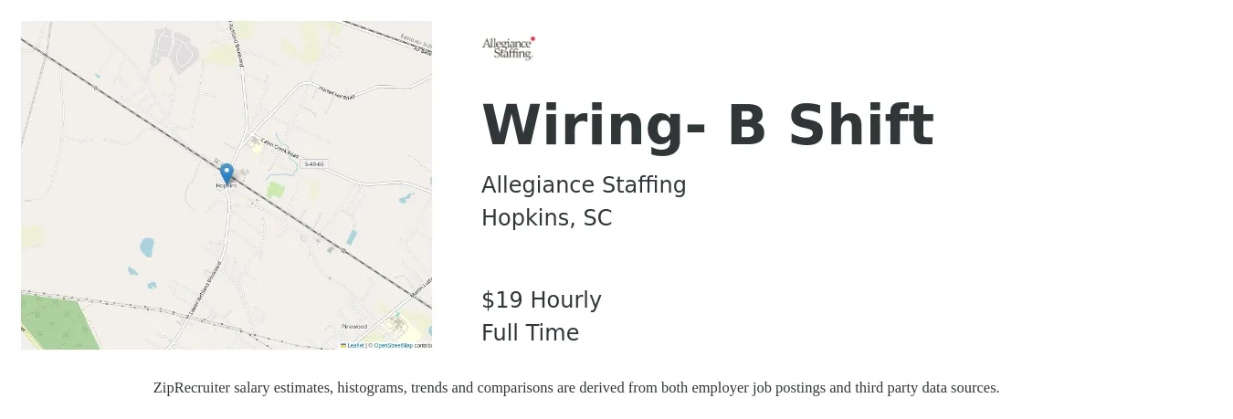 Allegiance Staffing job posting for a Wiring- B Shift in Hopkins, SC with a salary of $20 Hourly with a map of Hopkins location.