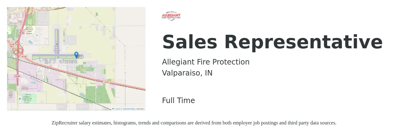 Allegiant Fire Protection job posting for a Sales Representative in Valparaiso, IN with a salary of $53,400 to $92,900 Yearly with a map of Valparaiso location.