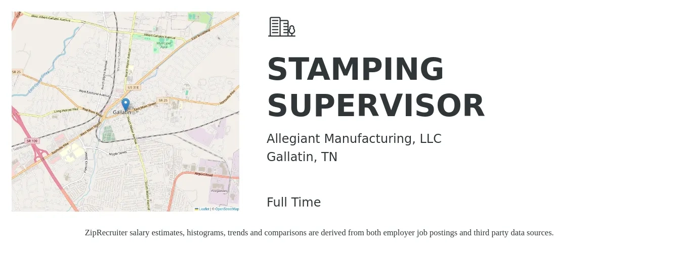 Allegiant Manufacturing job posting for a STAMPING SUPERVISOR in Gallatin, TN with a salary of $72,800 to $88,800 Yearly with a map of Gallatin location.