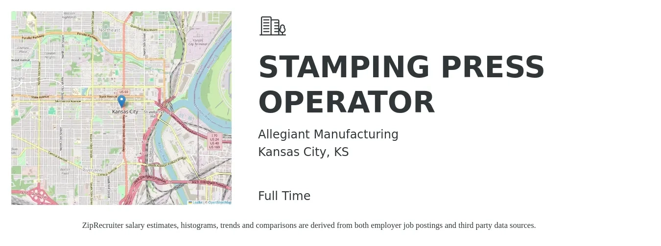 Allegiant Manufacturing job posting for a STAMPING PRESS OPERATOR in Kansas City, KS with a salary of $16 to $19 Hourly with a map of Kansas City location.