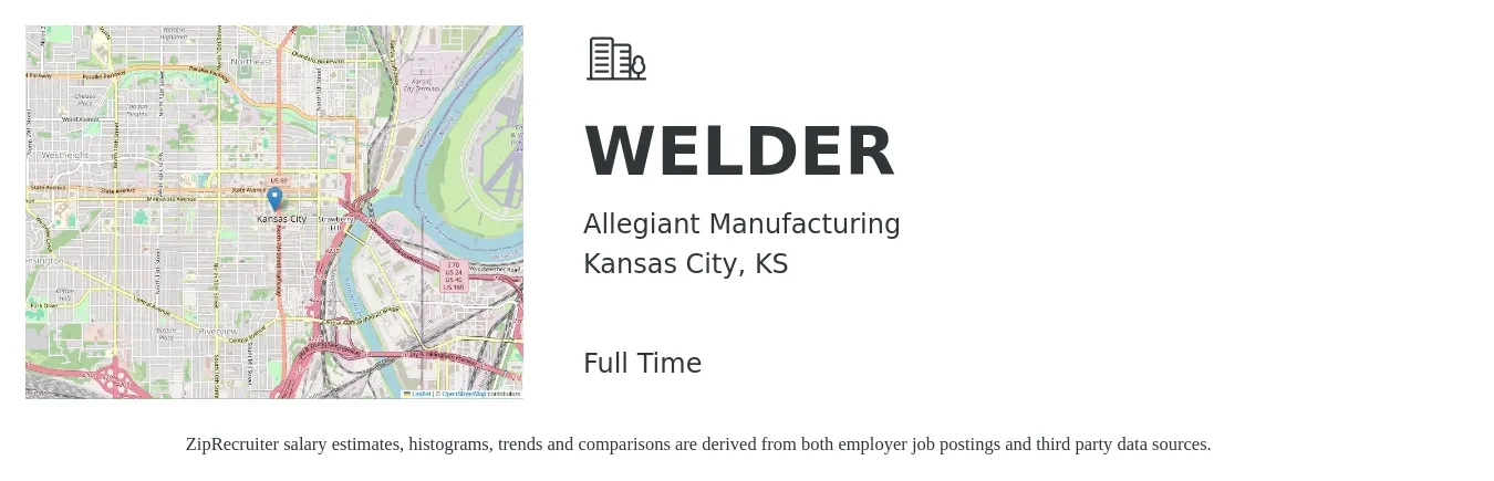 Allegiant Manufacturing job posting for a WELDER in Kansas City, KS with a salary of $18 to $24 Hourly with a map of Kansas City location.