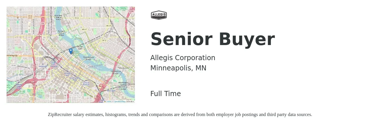 Allegis Corporation job posting for a Senior Buyer in Minneapolis, MN with a salary of $57,400 to $82,400 Yearly with a map of Minneapolis location.