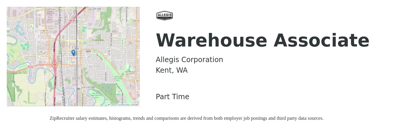 Allegis Corporation job posting for a Warehouse Associate in Kent, WA with a salary of $18 to $22 Hourly with a map of Kent location.