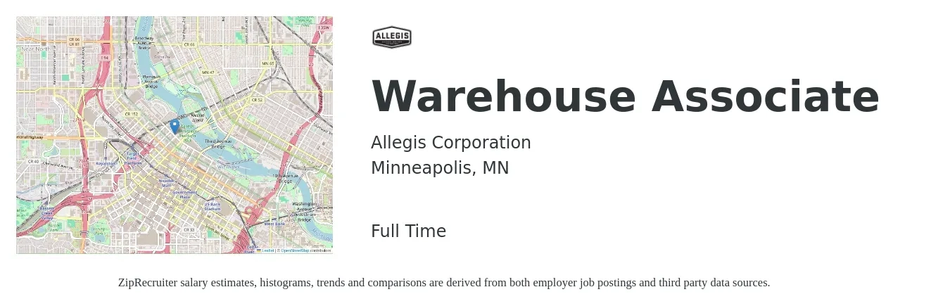 Allegis Corporation job posting for a Warehouse Associate in Minneapolis, MN with a salary of $17 to $20 Hourly with a map of Minneapolis location.