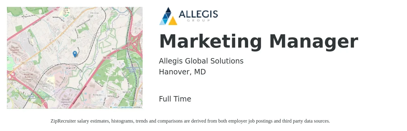 Allegis Global Solutions job posting for a Marketing Manager in Hanover, MD with a salary of $59,100 to $96,500 Yearly with a map of Hanover location.