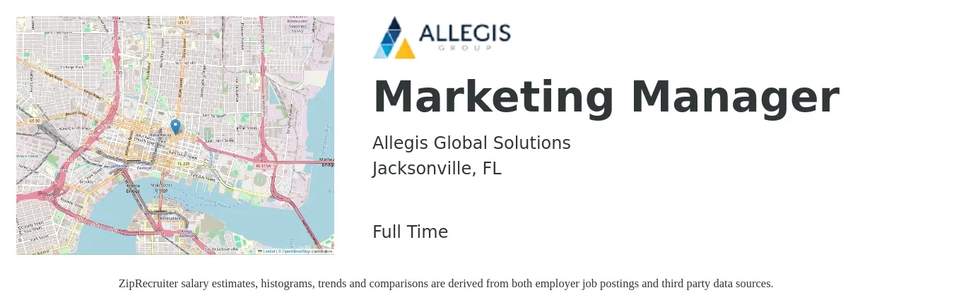 Allegis Global Solutions job posting for a Marketing Manager in Jacksonville, FL with a salary of $55,600 to $90,800 Yearly with a map of Jacksonville location.