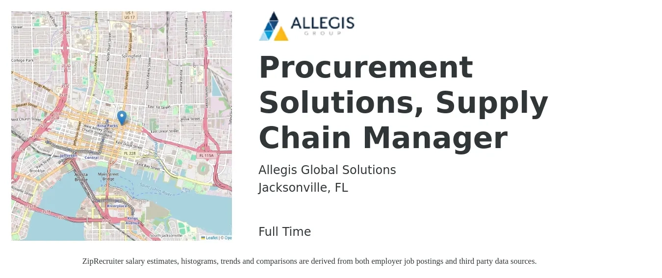 Allegis Global Solutions job posting for a Procurement Solutions, Supply Chain Manager in Jacksonville, FL with a salary of $74,100 to $111,200 Yearly with a map of Jacksonville location.