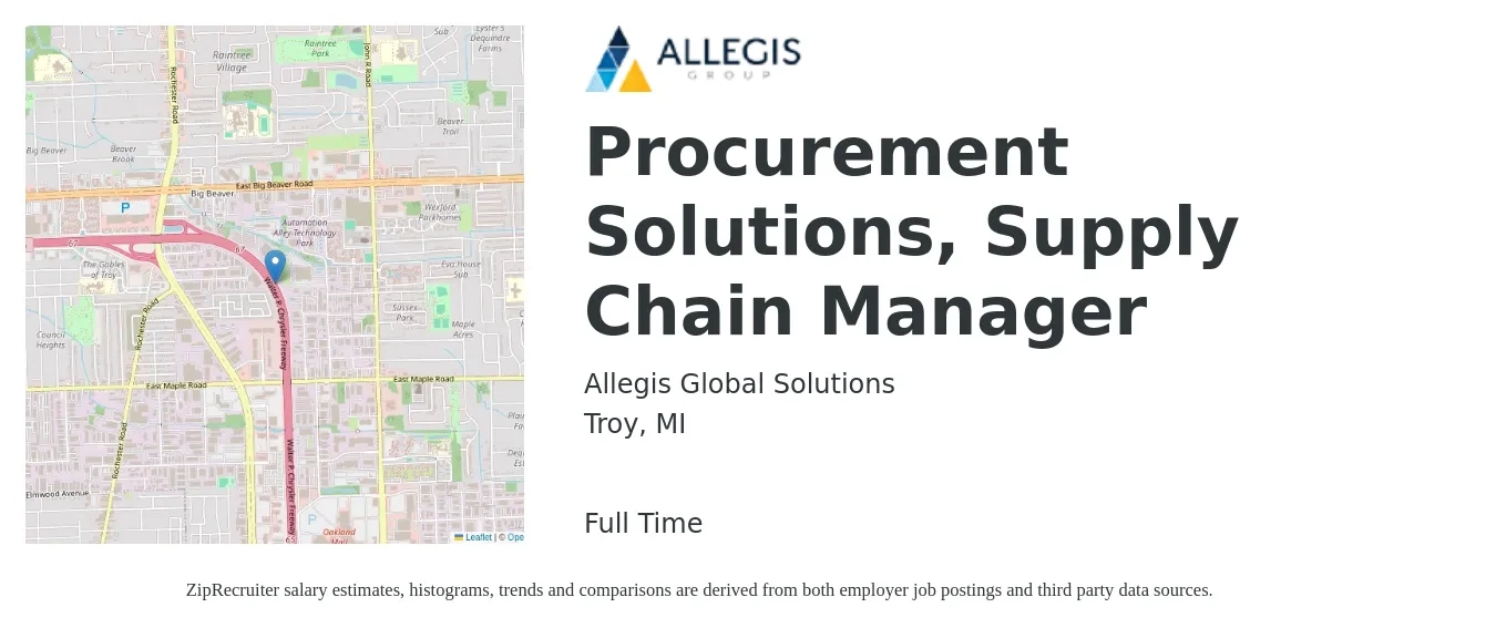 Allegis Global Solutions job posting for a Procurement Solutions, Supply Chain Manager in Troy, MI with a salary of $75,800 to $113,700 Yearly with a map of Troy location.