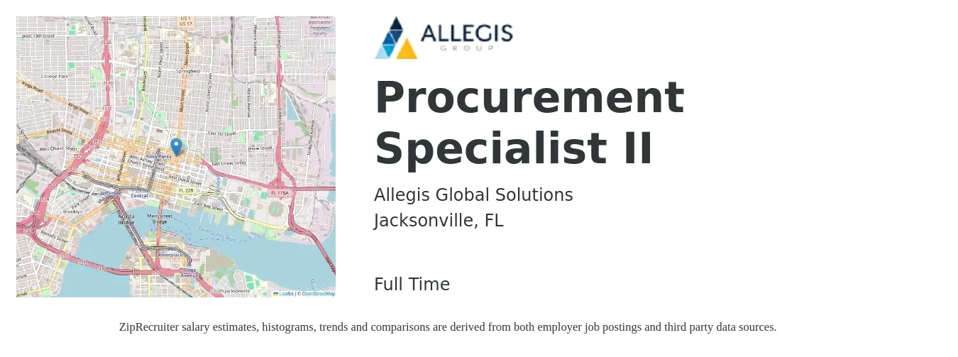 Allegis Global Solutions job posting for a Procurement Specialist II in Jacksonville, FL with a salary of $23 to $35 Hourly with a map of Jacksonville location.