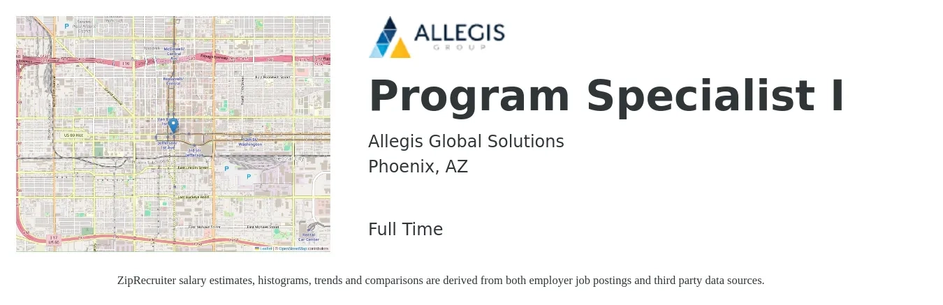 Allegis Global Solutions job posting for a Program Specialist I in Phoenix, AZ with a salary of $46,200 to $85,400 Yearly with a map of Phoenix location.