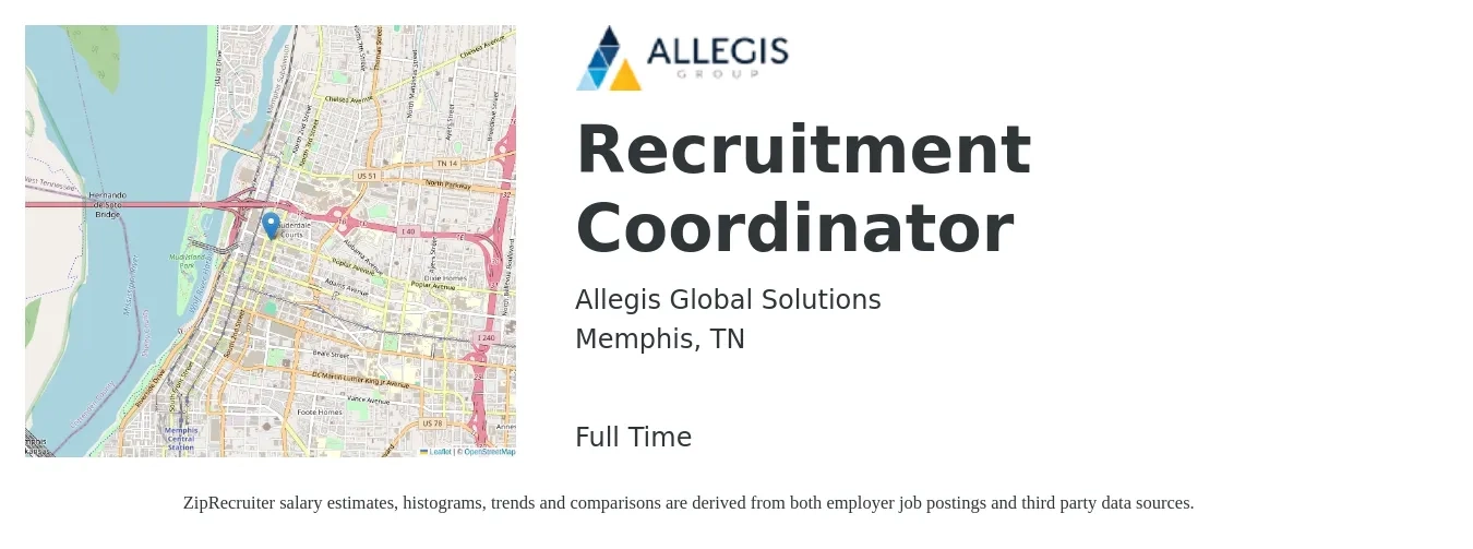 Allegis Global Solutions job posting for a Recruitment Coordinator in Memphis, TN with a salary of $20 to $26 Hourly with a map of Memphis location.