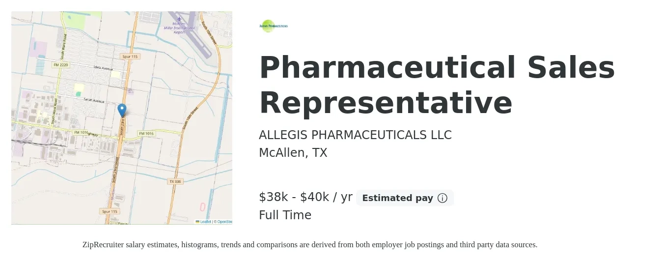 ALLEGIS PHARMACEUTICALS LLC job posting for a Pharmaceutical Sales Representative in McAllen, TX with a salary of $37,000 to $40,000 Yearly with a map of McAllen location.