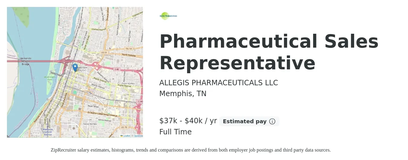 ALLEGIS PHARMACEUTICALS LLC job posting for a Pharmaceutical Sales Representative in Memphis, TN with a salary of $37,000 to $40,000 Yearly with a map of Memphis location.