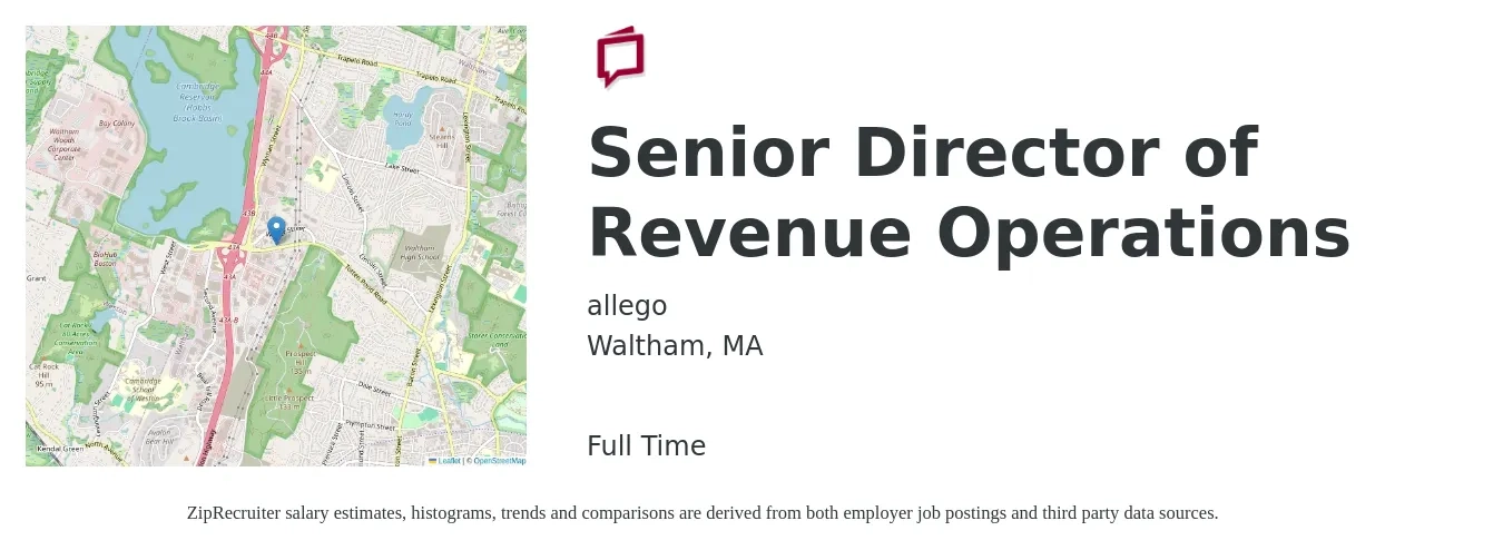 allego job posting for a Senior Director of Revenue Operations in Waltham, MA with a salary of $102,000 to $177,500 Yearly with a map of Waltham location.