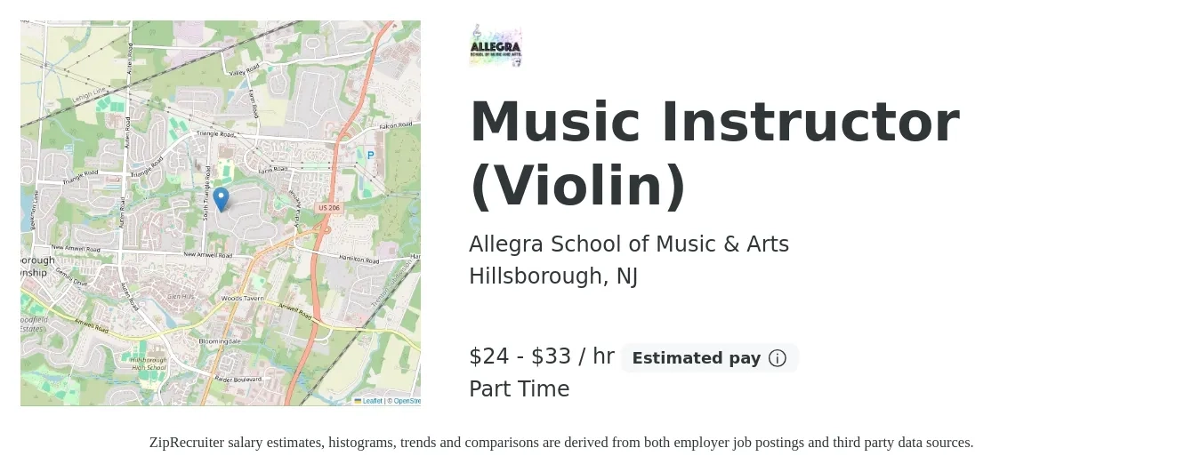 Allegra School of Music & Arts job posting for a Music Instructor (Violin) in Hillsborough, NJ with a salary of $25 to $35 Hourly with a map of Hillsborough location.