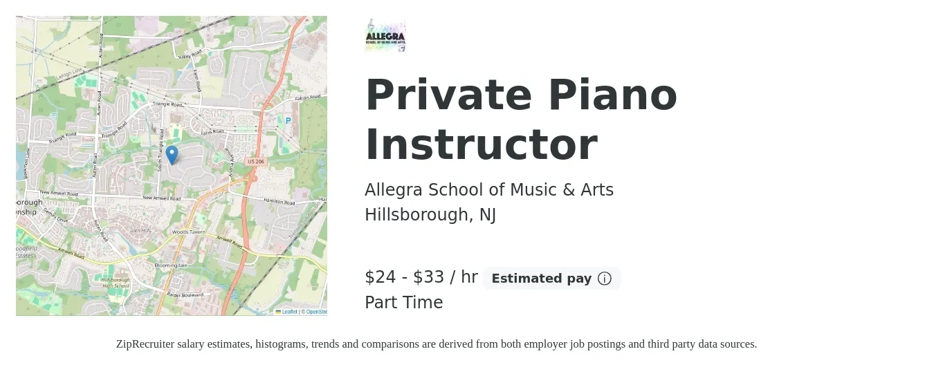 Allegra School of Music & Arts job posting for a Private Piano Instructor in Hillsborough, NJ with a salary of $25 to $35 Hourly with a map of Hillsborough location.