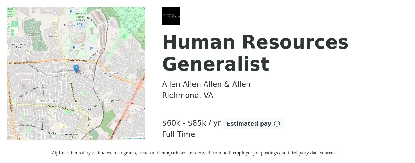 Allen Allen Allen & Allen job posting for a Human Resources Generalist in Richmond, VA with a salary of $60,000 to $85,000 Yearly with a map of Richmond location.