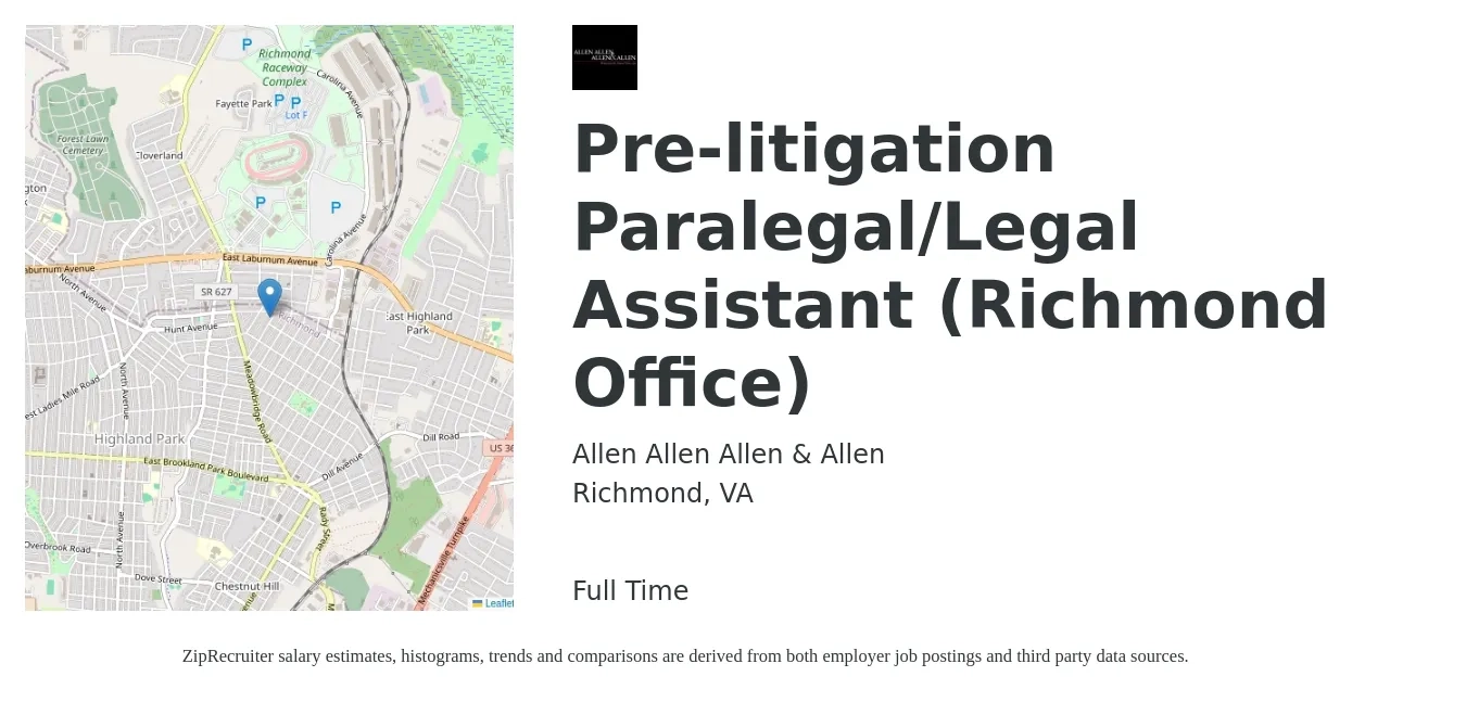 Allen Allen Allen & Allen job posting for a Pre-litigation Paralegal/Legal Assistant (Richmond Office) in Richmond, VA with a salary of $40,300 to $55,200 Yearly with a map of Richmond location.
