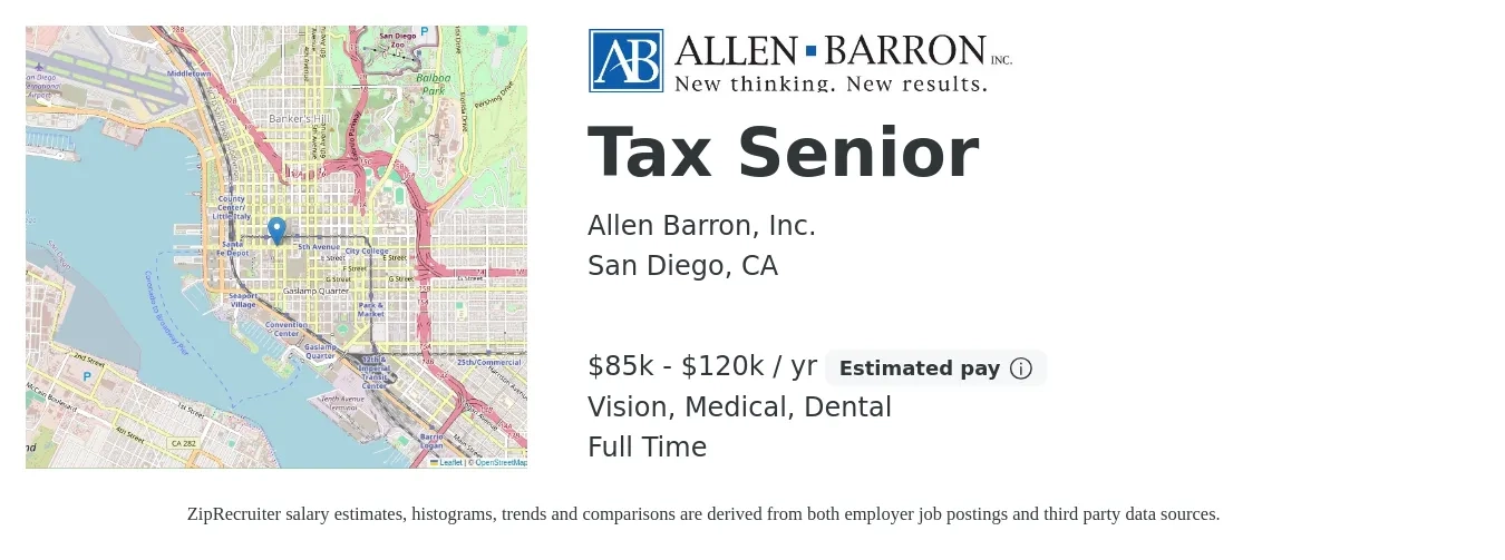 Allen Barron, Inc. job posting for a Tax Senior in San Diego, CA with a salary of $85,000 to $120,000 Yearly and benefits including dental, life_insurance, medical, pto, retirement, and vision with a map of San Diego location.