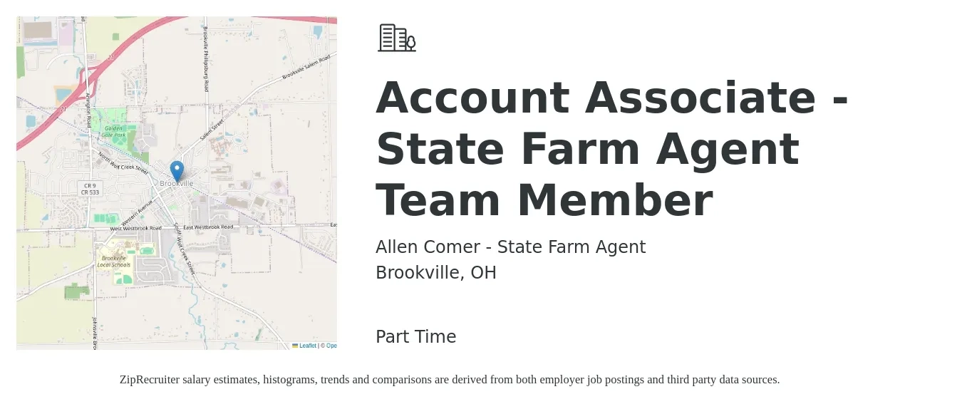 Allen Comer - State Farm Agent job posting for a Account Associate - State Farm Agent Team Member in Brookville, OH with a salary of $43,200 to $58,700 Yearly with a map of Brookville location.