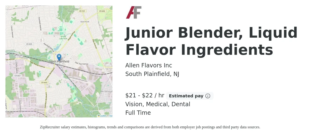 Allen Flavors Inc job posting for a Junior Blender, Liquid Flavor Ingredients in South Plainfield, NJ with a salary of $22 to $23 Hourly and benefits including life_insurance, medical, pto, retirement, vision, and dental with a map of South Plainfield location.