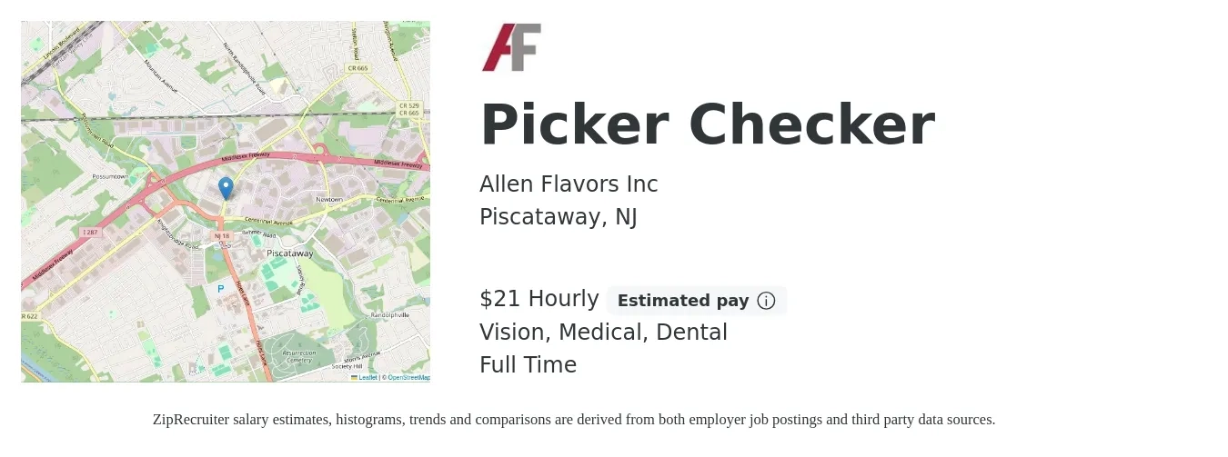 Allen Flavors Inc job posting for a Picker Checker in Piscataway, NJ with a salary of $22 Hourly and benefits including vision, dental, life_insurance, medical, pto, and retirement with a map of Piscataway location.