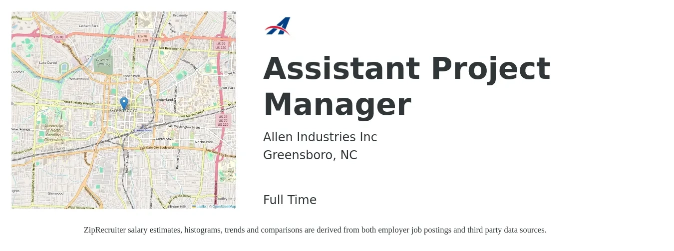 Allen Industries Inc job posting for a Assistant Project Manager in Greensboro, NC with a salary of $51,800 to $85,300 Yearly with a map of Greensboro location.
