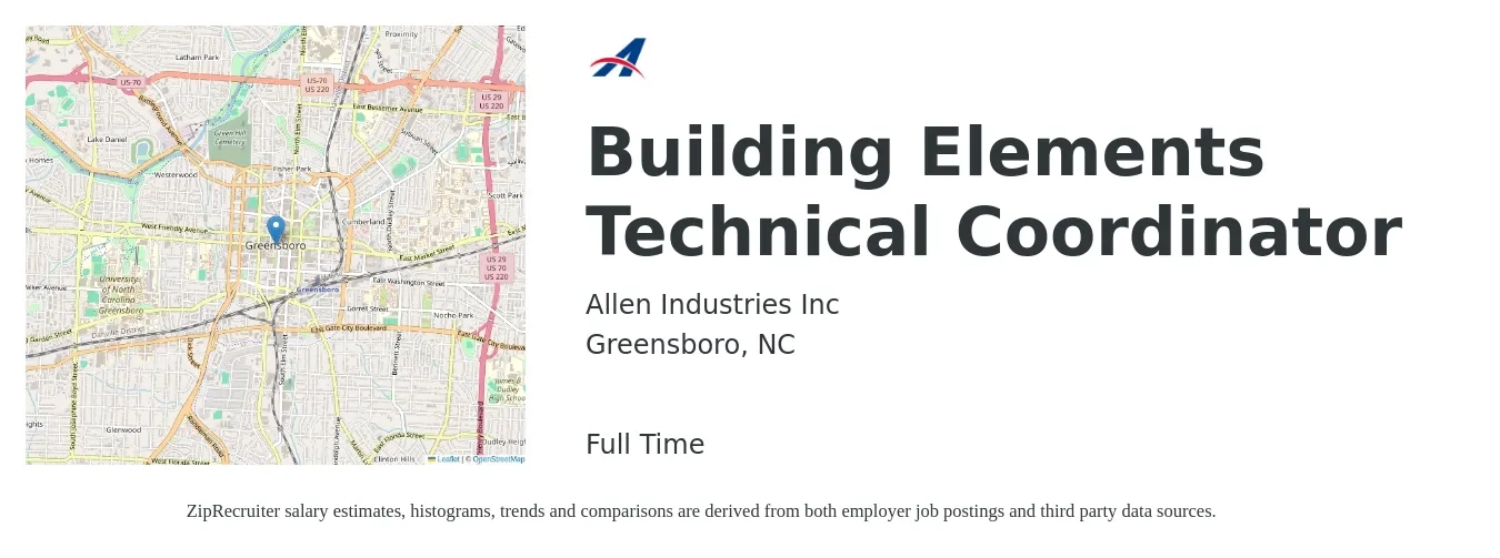 Allen Industries Inc job posting for a Building Elements Technical Coordinator in Greensboro, NC with a salary of $43,100 to $67,300 Yearly with a map of Greensboro location.