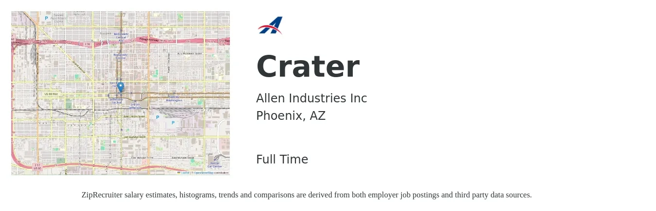 Allen Industries Inc job posting for a Crater in Phoenix, AZ with a salary of $16 to $20 Hourly with a map of Phoenix location.