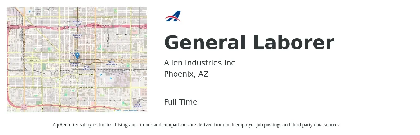Allen Industries Inc job posting for a General Laborer in Phoenix, AZ with a salary of $16 to $20 Hourly with a map of Phoenix location.