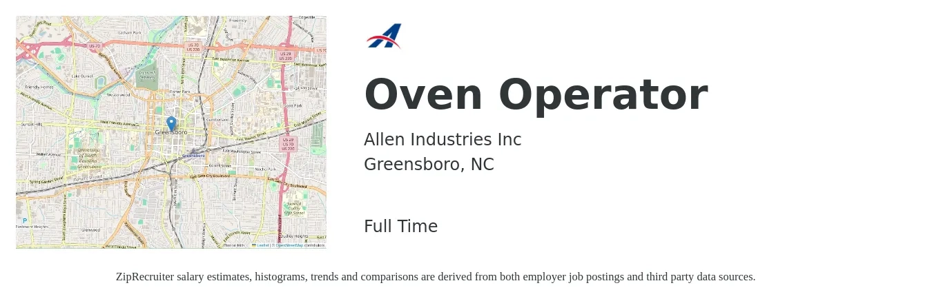 Allen Industries Inc job posting for a Oven Operator in Greensboro, NC with a salary of $16 to $21 Hourly with a map of Greensboro location.
