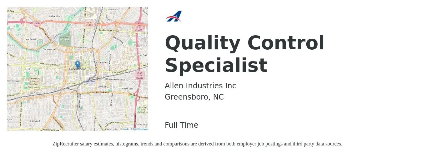 Allen Industries Inc job posting for a Quality Control Specialist in Greensboro, NC with a salary of $20 to $36 Hourly with a map of Greensboro location.