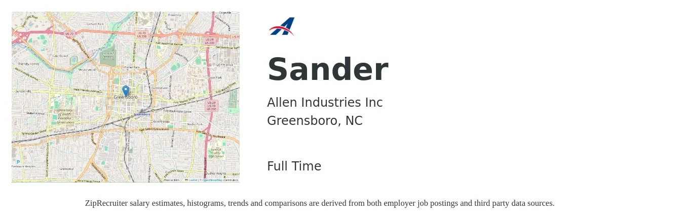 Allen Industries Inc job posting for a Sander in Greensboro, NC with a salary of $14 to $18 Hourly with a map of Greensboro location.