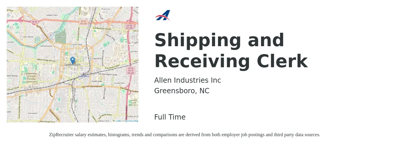 Allen Industries Inc job posting for a Shipping and Receiving Clerk in Greensboro, NC with a salary of $16 to $20 Hourly with a map of Greensboro location.