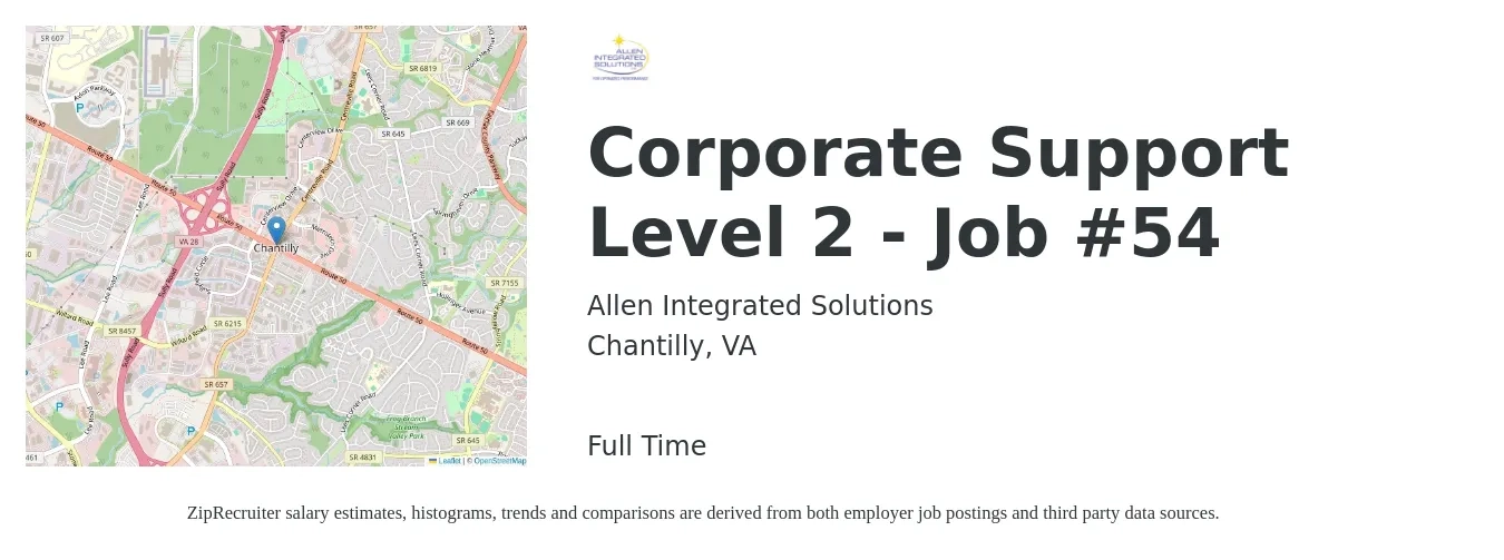 Allen Integrated Solutions job posting for a Corporate Support Level 2 - Job #54 in Chantilly, VA with a salary of $77,800 to $97,800 Yearly with a map of Chantilly location.