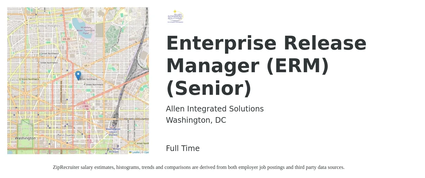Allen Integrated Solutions job posting for a Enterprise Release Manager (ERM) (Senior) in Washington, DC with a salary of $48 to $77 Hourly with a map of Washington location.