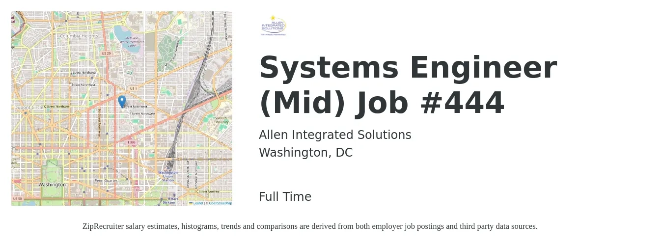 Allen Integrated Solutions job posting for a Systems Engineer (Mid) Job #444 in Washington, DC with a salary of $111,000 to $177,800 Yearly with a map of Washington location.