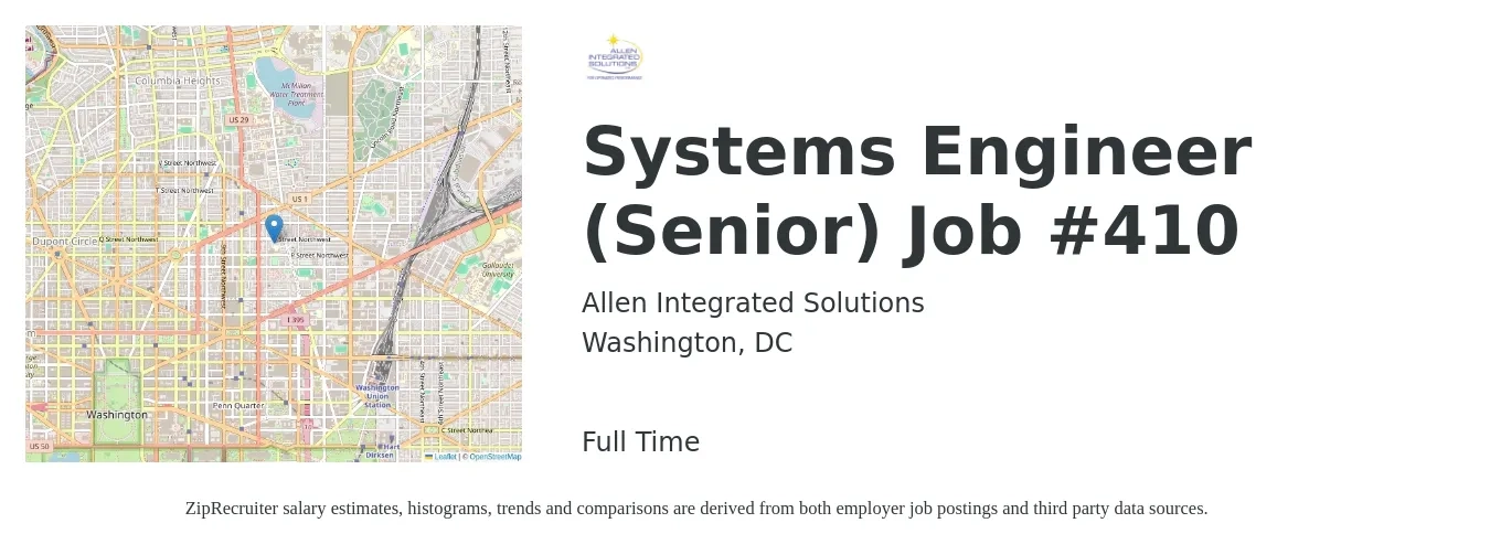Allen Integrated Solutions job posting for a Systems Engineer (Senior) Job #410 in Washington, DC with a salary of $118,400 to $162,000 Yearly with a map of Washington location.