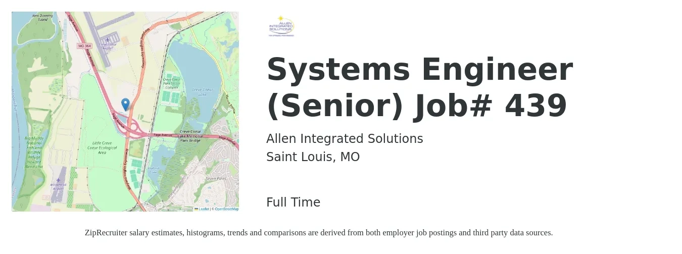 Allen Integrated Solutions job posting for a Systems Engineer (Senior) Job# 439 in Saint Louis, MO with a salary of $101,600 to $139,000 Yearly with a map of Saint Louis location.