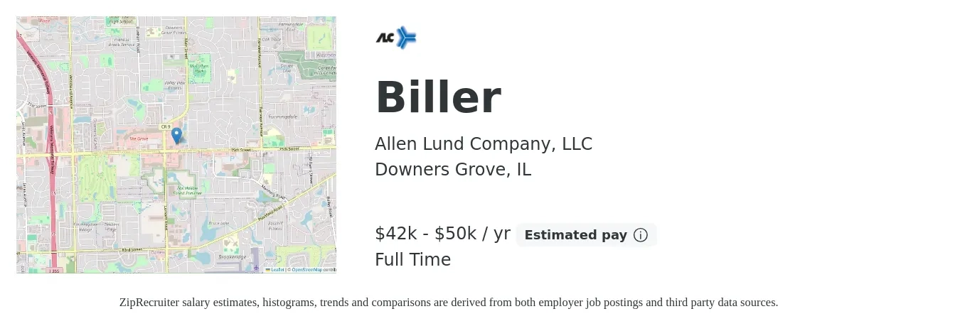 Allen Lund Company, LLC job posting for a Biller in Downers Grove, IL with a salary of $42,000 to $50,000 Yearly with a map of Downers Grove location.