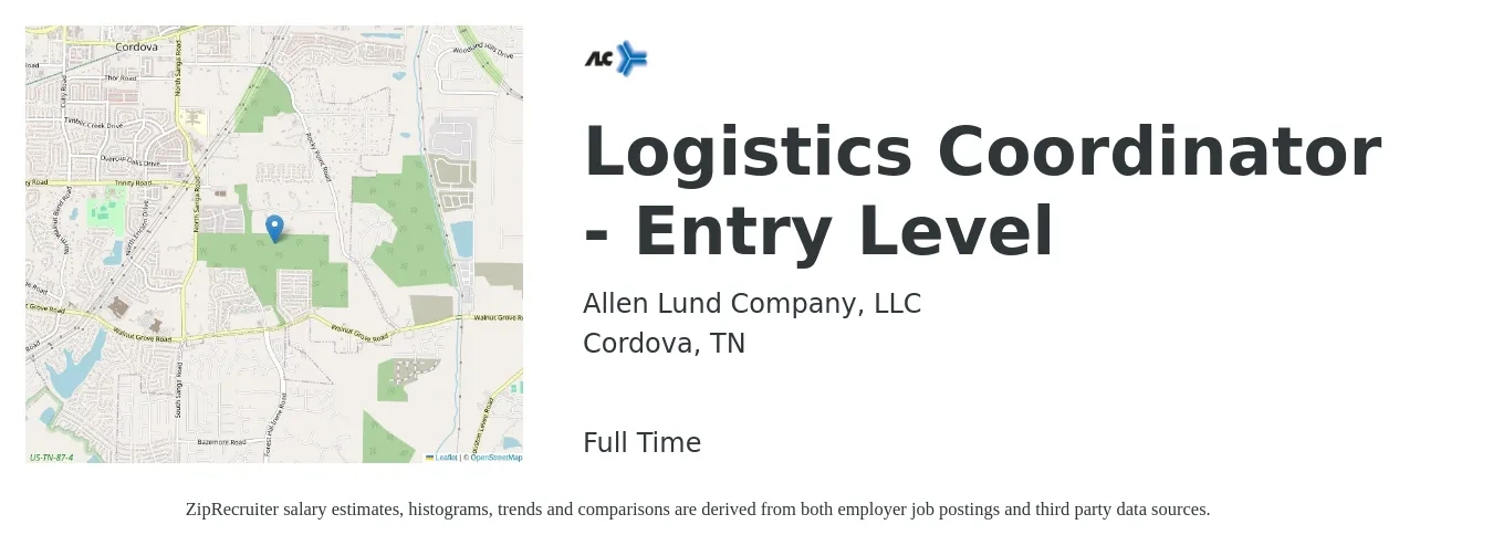 Allen Lund Company, LLC job posting for a Logistics Coordinator - Entry Level in Cordova, TN with a salary of $18 to $23 Hourly with a map of Cordova location.