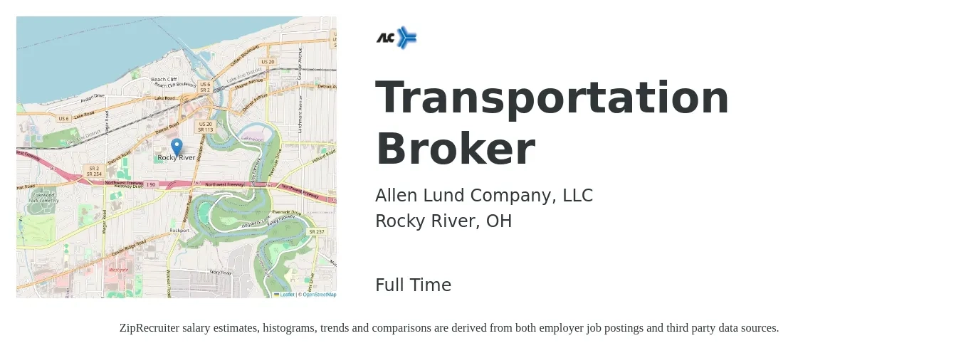 Allen Lund Company, LLC job posting for a Transportation Broker in Rocky River, OH with a salary of $29,800 to $52,100 Yearly with a map of Rocky River location.